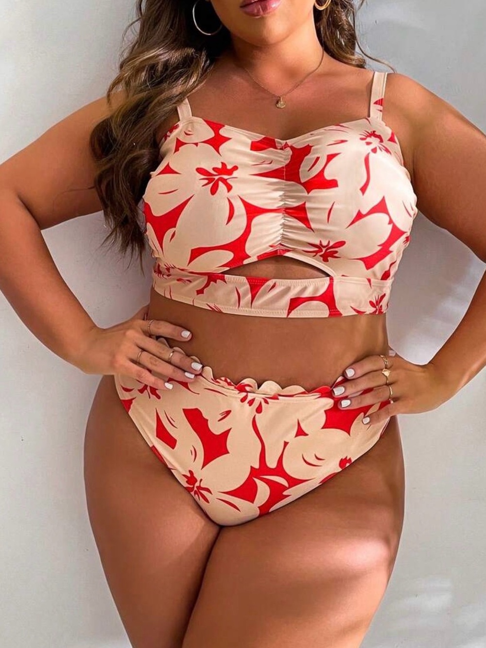 Beige & Red Floral Cutout Bikini Set